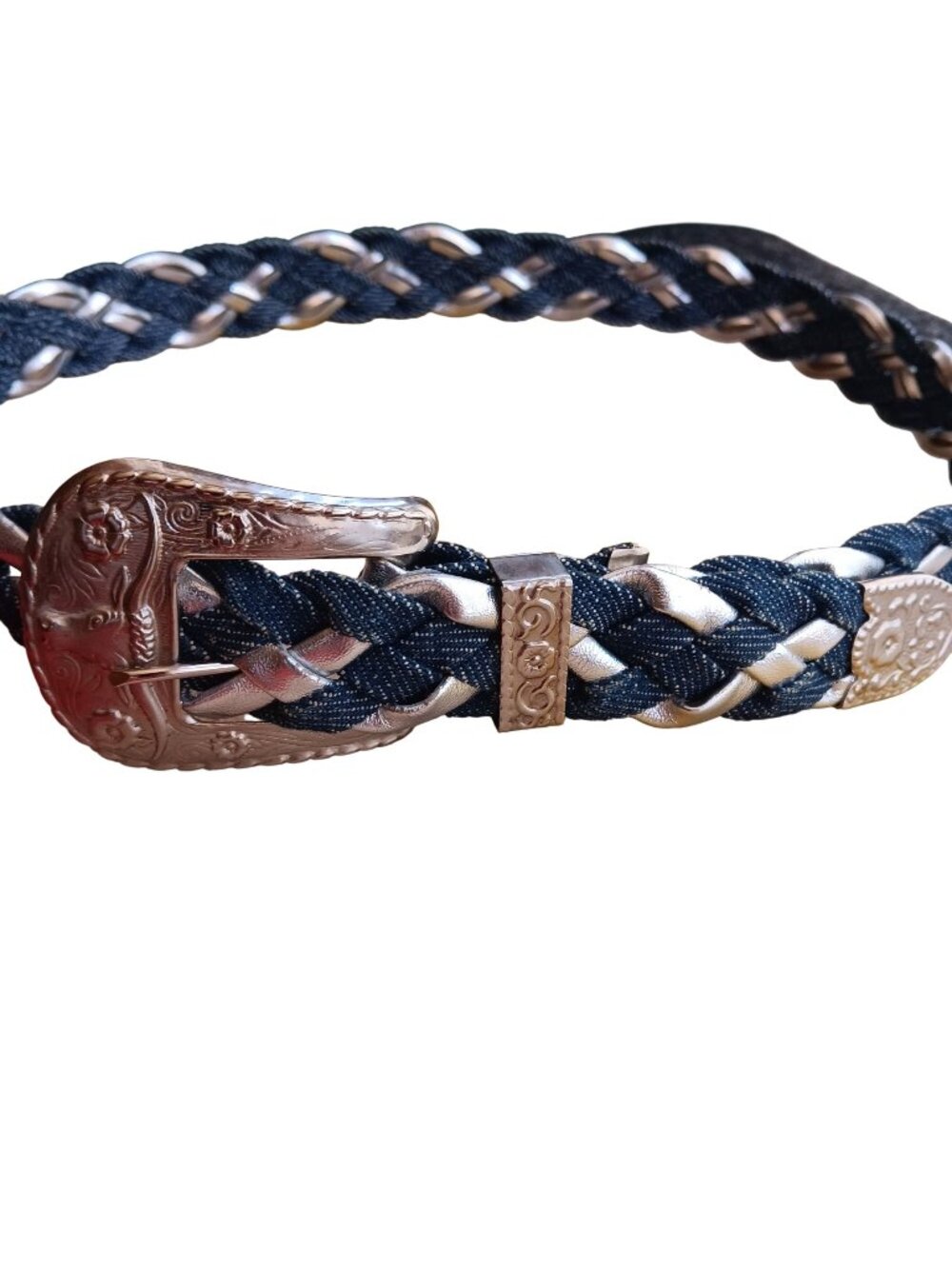 True Vintage Small Braided Cowgirl Belt Denim Silver Western 1980's Hippie